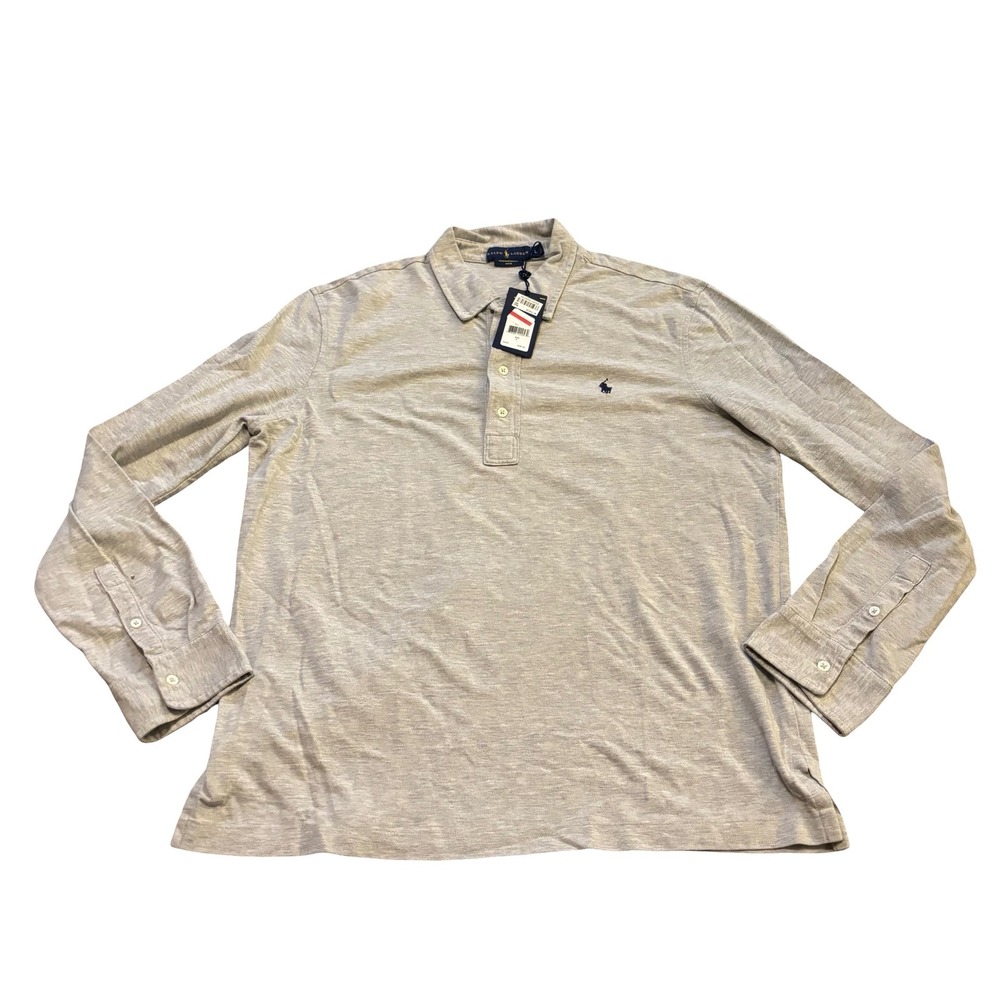 Ralph Lauren Featherweight Mesh Long Sleeve Polo Shirt Mens L Grey Heather NWT